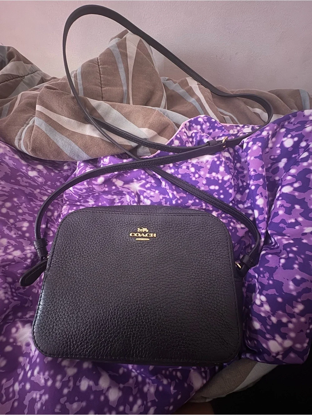 Coach Black Pebbled Leather Mini Crossbody with Gold Logo